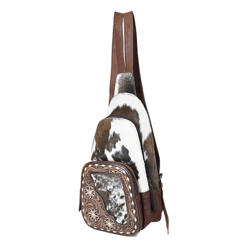 American Darling Western Sling Backpack Handcrafted from Hair - On Cowhide & Genuine Leather | Tooled Floral Pocket Detail