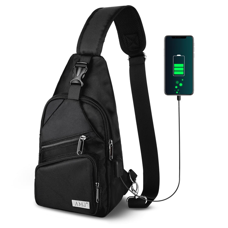 AMJ Crossbody Sling Bag Men Women, Casual Shoulder Backpack, Chest Daypack Satchel for Hiking Travel (Black, Small)