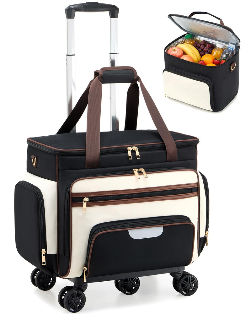 Amythe Rolling Teacher Tote Bag with Accordion File Organizer, 5 - Wheel 15.6" Laptop Briefcase with Lunch Box, Wheeled Work Bag for Business, Office, Craft - Black