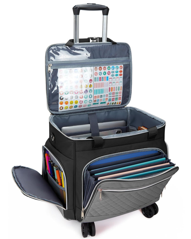 Amythe Rolling Teacher Tote Bag with Accordion File Organizer, 5 Wheels Laptop Briefcase with 15.6" Laptop Compartment, Wheeled Bag for Work, Office, Craft - Black