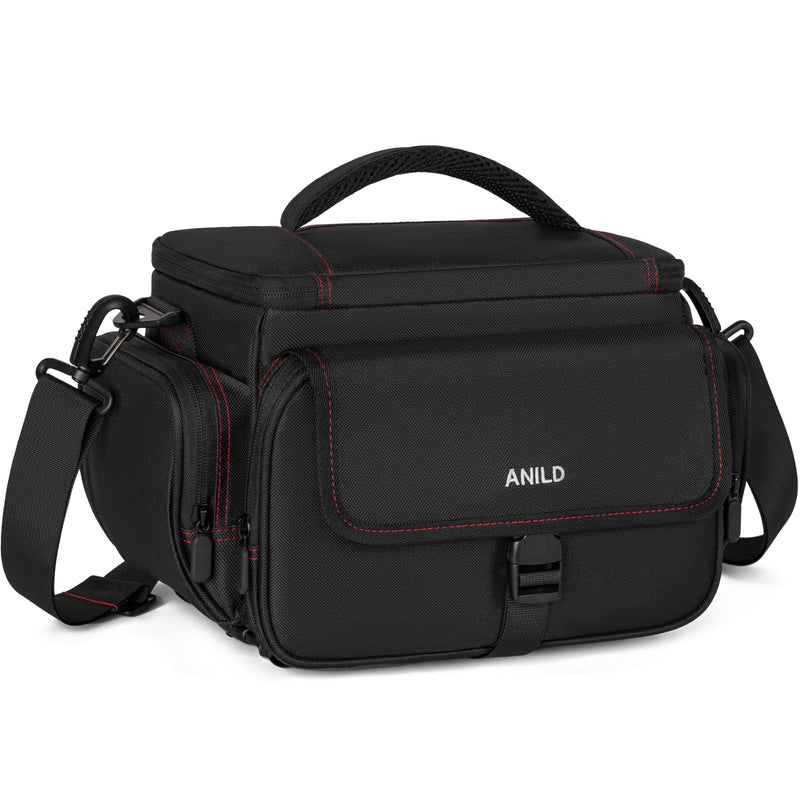 ANILD DSLR Gadget Bag, Crossbody Camera Bag for Photographers, Solid Water - resistant Travel Photography Camera Messenger Bag with Tripod Holder, Black with Red Interior
