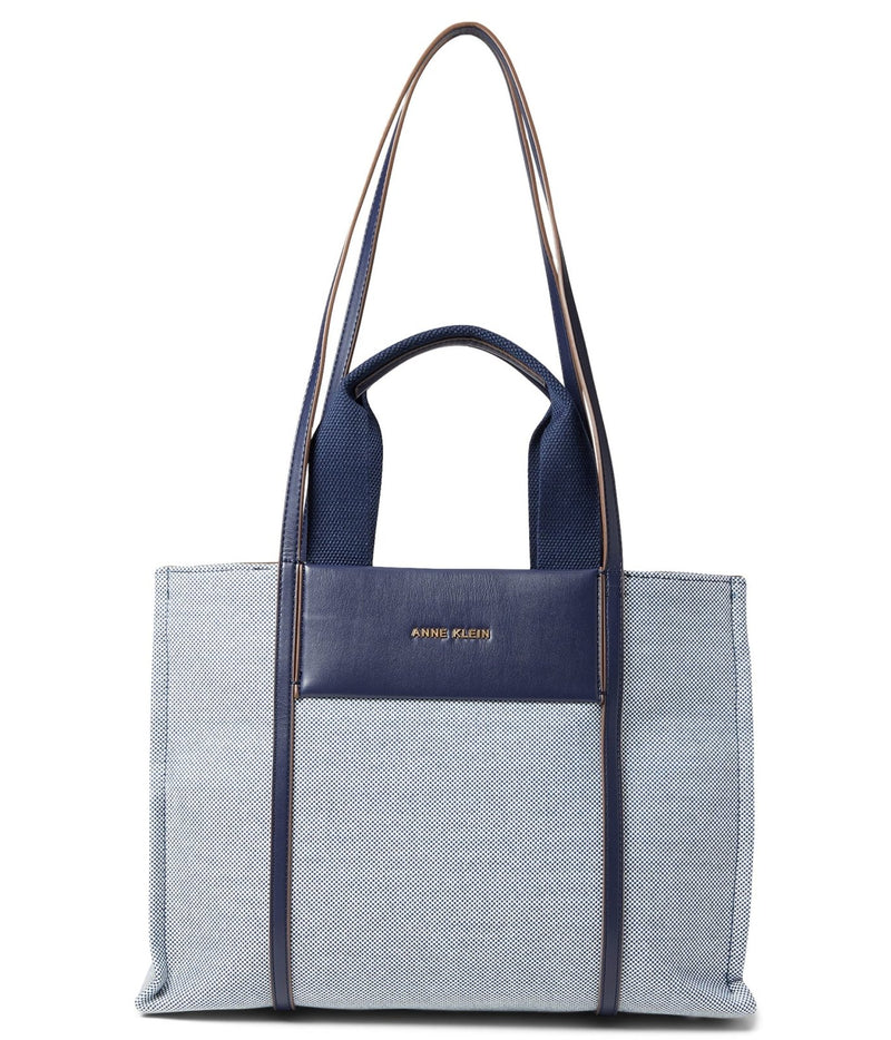 Anne Klein Womens Medium Color Blocked Canvas Tote, Navy - Cream/Distant Mountain