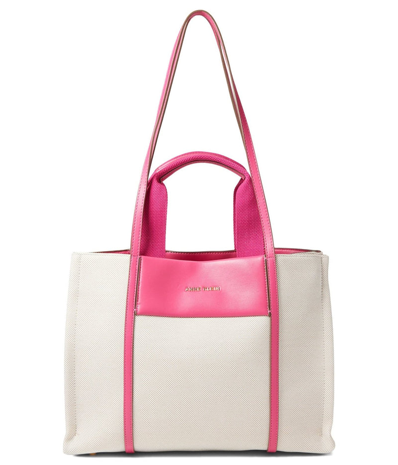 Anne Klein Womens Medium Color Blocked Canvas Tote, Tan - Cream/Fuchsia