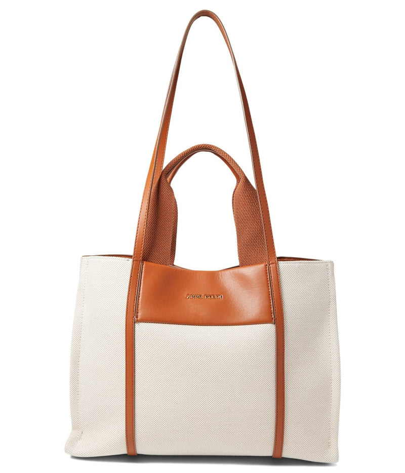 Anne Klein Womens Medium Color Blocked Canvas Tote, Tan - Cream/Saddle
