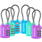 ANVIL TSA Locks for Luggage – TSA Approved Cable Travel Lock with Zinc Alloy Body, 3-Digit Combination Lock for Suitcases, Backpacks, Gun Cases, Zippers (Tricolor 6 Pack)