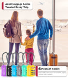 ANVIL TSA Locks for Luggage – TSA Approved Cable Travel Lock with Zinc Alloy Body, 3 - Digit Combination Lock for Suitcases, Backpacks, Gun Cases, Zippers (Tricolor 6 Pack)