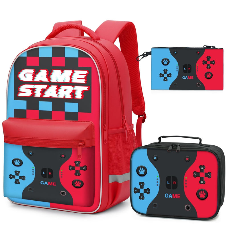 Aogebaby 3 - Piece Video Game Backpack Set for Boys Teens - 16.5 Inch Large Bookbag with Insulated Lunch Box & Sturdy Pencil Case, Ideal for Elementary & Middle School, Fits Textbooks