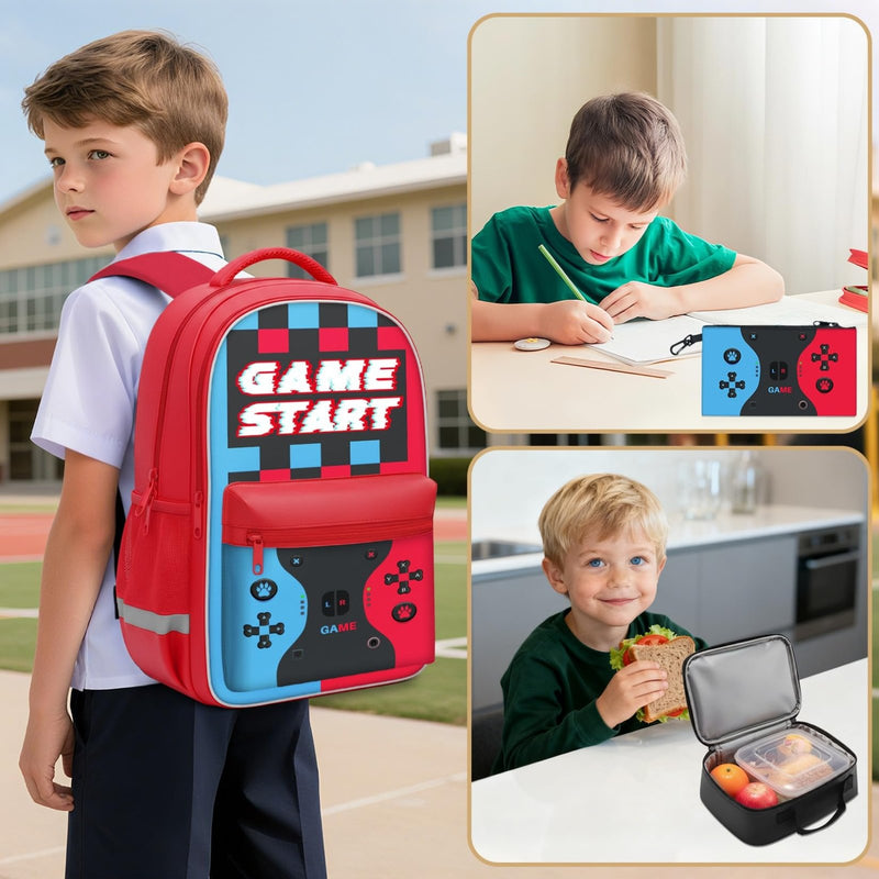 Aogebaby 3 - Piece Video Game Backpack Set for Boys Teens - 16.5 Inch Large Bookbag with Insulated Lunch Box & Sturdy Pencil Case, Ideal for Elementary & Middle School, Fits Textbooks