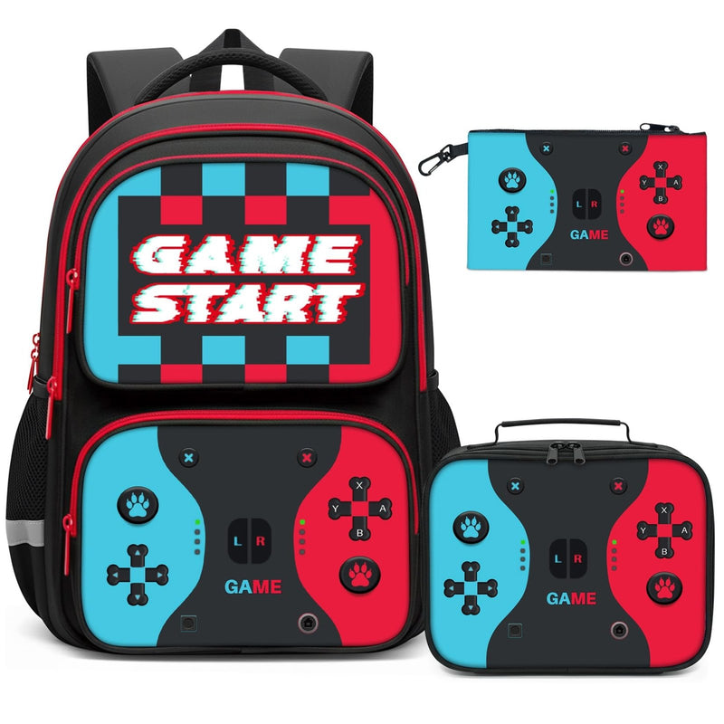 Aogebaby 3Pcs Boys Gaming Backpack Set, 17 Inch Game Controller School Backpack with Insulated Lunch Box Pencil Case, Water Resistant Elementary Bookbag Set for Kids Teens Back to School