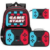 Aogebaby 3Pcs Boys Gaming Backpack Set, 17 Inch Game Controller School Backpack with Insulated Lunch Box Pencil Case, Water Resistant Elementary Bookbag Set for Kids Teens Back to School