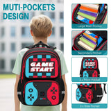Aogebaby 3Pcs Boys Gaming Backpack Set, 17 Inch Game Controller School Backpack with Insulated Lunch Box Pencil Case, Water Resistant Elementary Bookbag Set for Kids Teens Back to School
