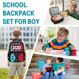 Aogebaby 3Pcs Boys Gaming Backpack Set, 17 Inch Game Controller School Backpack with Insulated Lunch Box Pencil Case, Water Resistant Elementary Bookbag Set for Kids Teens Back to School