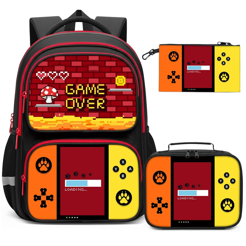 Aogebaby 3Pcs Boys Gaming Backpack Set, Retro Game School Backpack with Lunch Box Pencil Case, Water Resistant Elementary Bookbag Set with Reflective Strip for Kids Teens Back to School