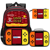 Aogebaby 3Pcs Boys Gaming Backpack Set, Retro Game School Backpack with Lunch Box Pencil Case, Water Resistant Elementary Bookbag Set with Reflective Strip for Kids Teens Back to School