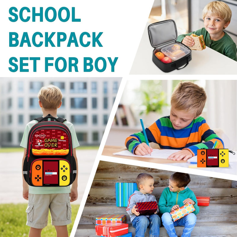 Aogebaby 3Pcs Boys Gaming Backpack Set, Retro Game School Backpack with Lunch Box Pencil Case, Water Resistant Elementary Bookbag Set with Reflective Strip for Kids Teens Back to School