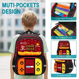 Aogebaby 3Pcs Boys Gaming Backpack Set, Retro Game School Backpack with Lunch Box Pencil Case, Water Resistant Elementary Bookbag Set with Reflective Strip for Kids Teens Back to School