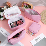 AojSup 4 Pieces Travel Toiletry Bag Set for Women, Cute Makeup Bag Set with Pink Stripe Designs, Cotton Cosmetic Organizer Pouches for Brushes, Skincare, Essentials (Multi - Sizes)