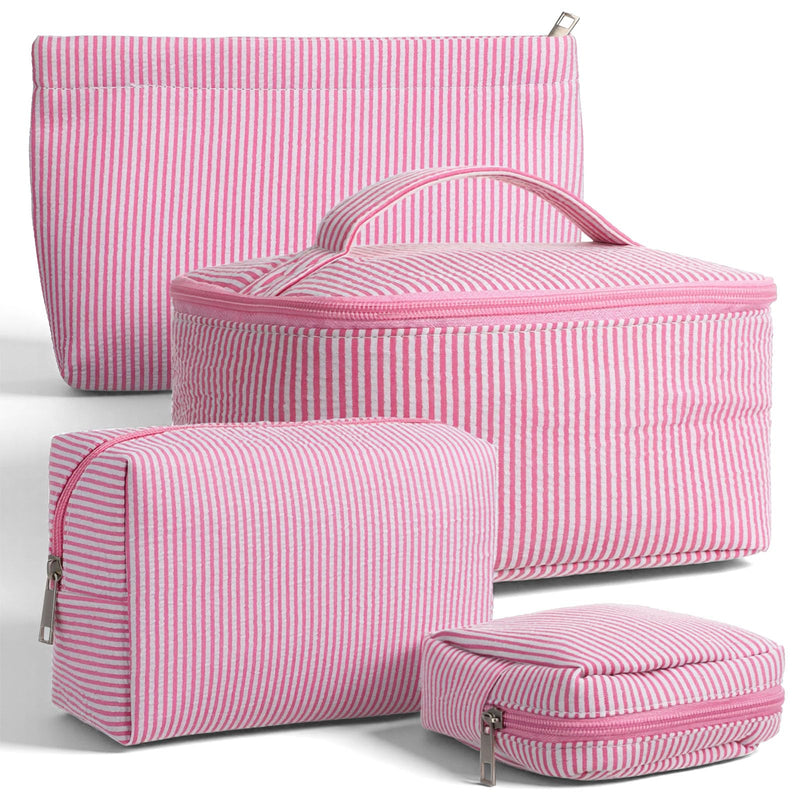 AojSup 4 Pieces Travel Toiletry Bag Set for Women, Cute Makeup Bag Set with Pink Stripe Designs, Cotton Cosmetic Organizer Pouches for Brushes, Skincare, Essentials (Multi - Sizes)