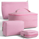 AojSup 4 Pieces Travel Toiletry Bag Set for Women, Cute Makeup Bag Set with Pink Stripe Designs, Cotton Cosmetic Organizer Pouches for Brushes, Skincare, Essentials (Multi-Sizes)