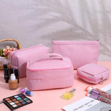 AojSup 4 Pieces Travel Toiletry Bag Set for Women, Cute Makeup Bag Set with Pink Stripe Designs, Cotton Cosmetic Organizer Pouches for Brushes, Skincare, Essentials (Multi - Sizes)