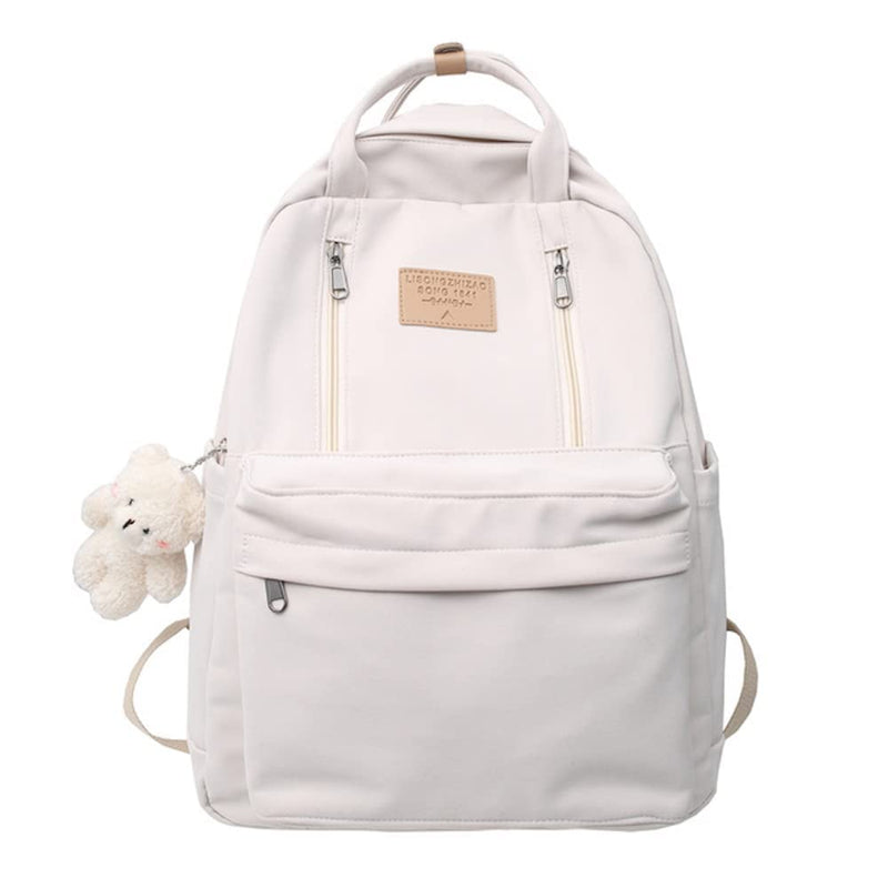 AONUOWE Preppy Backpack with Plushies Cute Backpack for Teen Girls Light Academia Bookbags Solid Aesthetic School Bag (White)