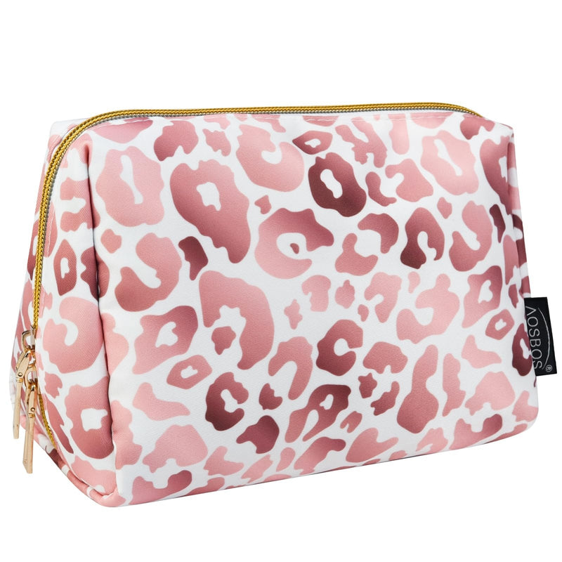 Aosbos Small Travel Makeup Pouch - Pink Leopard Print Cosmetic Case for Women