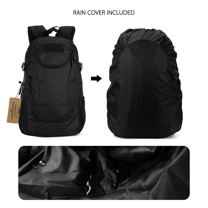 ArcEnCiel Motorcycle Tactical Backpack for Men - Sturdy‌ Military Pack with Rain Cover & Patch, MOLLE Water Resistant for Hiking, Commuting, Camping & Outdoor (Black)