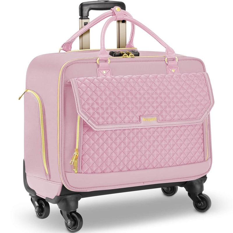Arcoyard Rolling Laptop Bag, Briefcase for Women with 4 Spinner Wheels and Telescopic Extendable Handle, Roller Computer Bag for Work Travel Carry On Luggage, TSA Friendly Design, Pink