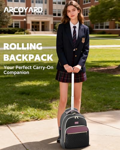 Arcoyard Small Rolling Backpack for Women with Wheels, Roller Laptop Travel Backpack, Lightweight Water Resistant Wheeled Underseat Carry On Luggage for Work and College, Black Purple