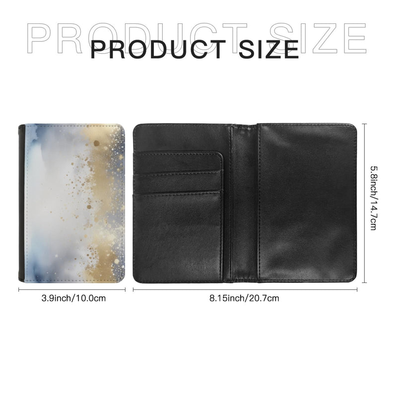 Art and Beyond Leatherette Passport Wallet with Card Storage Pockets Marble Pattern Cover Watercolor Print Gray Blue White and Gold Specks Abstract Design Fun Design Passport Holder Case, Black