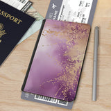 Art and Beyond Leatherette Passport Wallet with Card Storage Pockets Marble Pattern Cover Watercolor Print Mauve Lilac Purple and Gold Specks Abstract Design Fun Design Passport Holder Case, Black