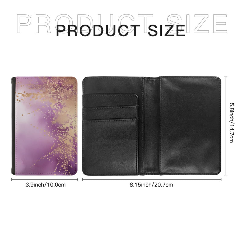 Art and Beyond Leatherette Passport Wallet with Card Storage Pockets Marble Pattern Cover Watercolor Print Mauve Lilac Purple and Gold Specks Abstract Design Fun Design Passport Holder Case, Black