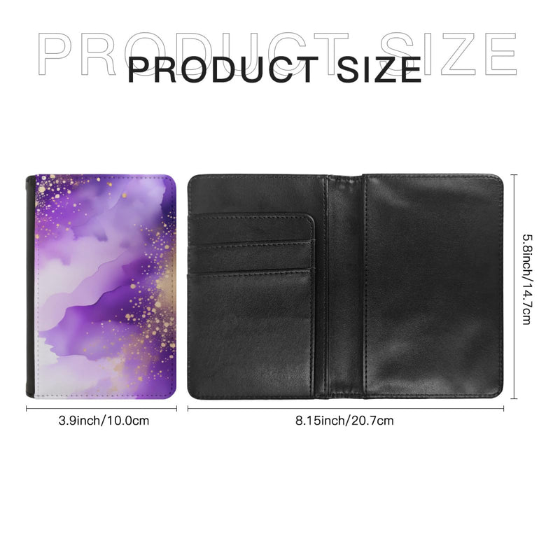 Art and Beyond Leatherette Passport Wallet with Card Storage Pockets Marble Pattern Cover Watercolor Print Violet Purple and Gold Specks Abstract Design Fun Design Passport Holder Case, Black