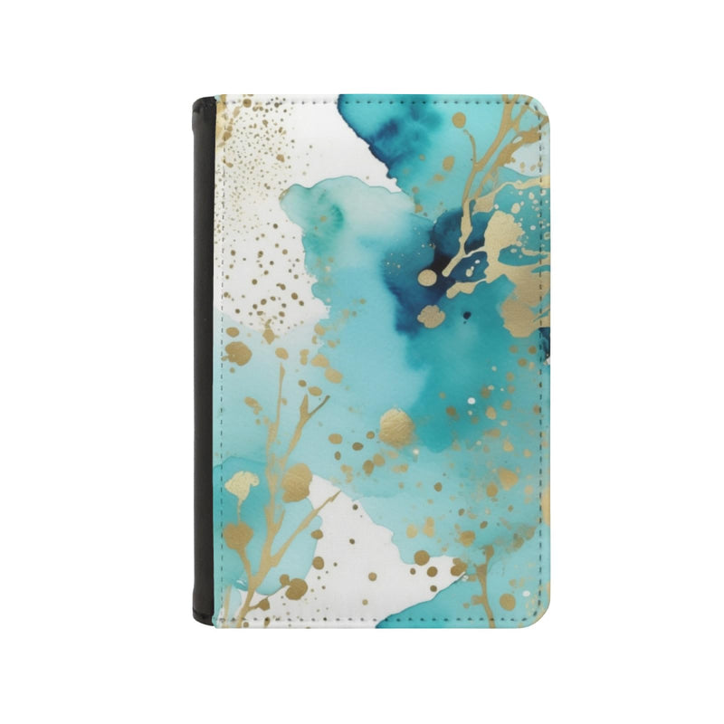 Art and Beyond Leatherette Passport Wallet with Card Storage Pockets Watercolor Pattern Cover Beautiful Aqua Blue and Gold Abstract Specks Print Design Fun Design Passport Holder Case, Black