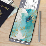 Art and Beyond Leatherette Passport Wallet with Card Storage Pockets Watercolor Pattern Cover Beautiful Aqua Blue and Gold Abstract Specks Print Design Fun Design Passport Holder Case, Black