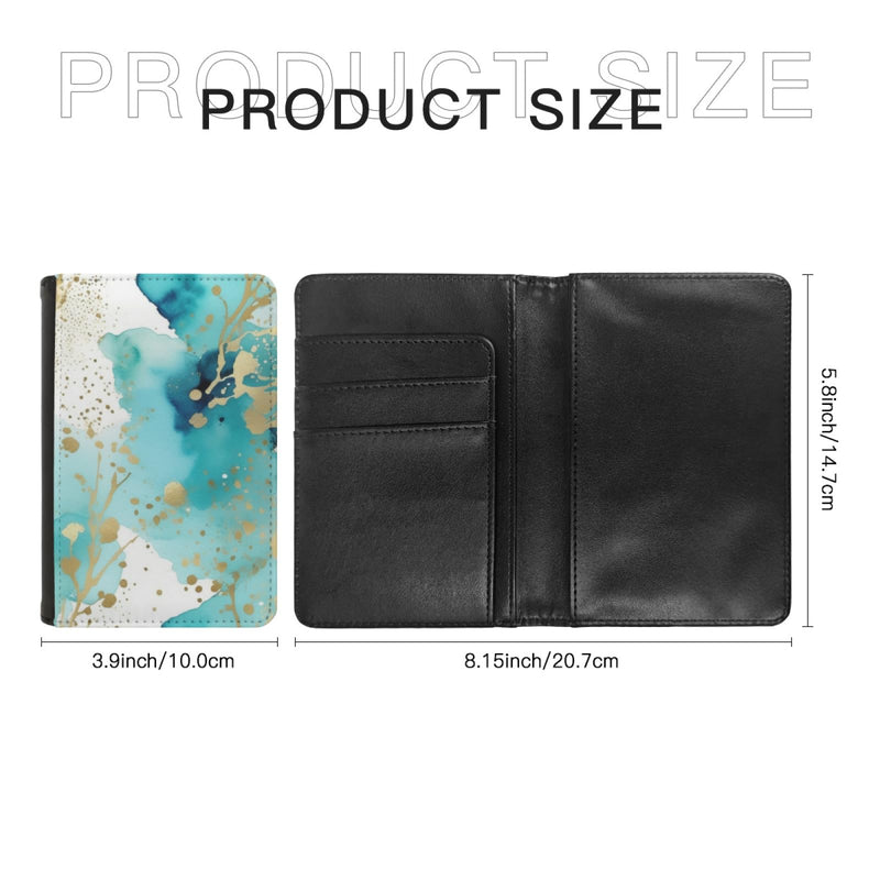 Art and Beyond Leatherette Passport Wallet with Card Storage Pockets Watercolor Pattern Cover Beautiful Aqua Blue and Gold Abstract Specks Print Design Fun Design Passport Holder Case, Black