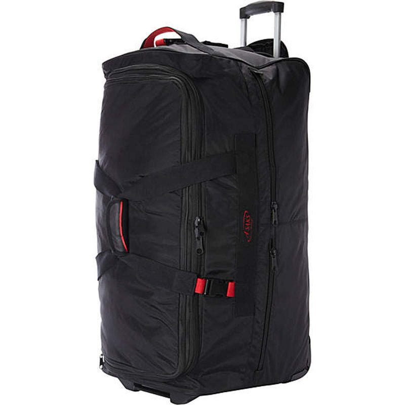 A.SAKS Rolling Trolley Duffel Bag 31 - Inch Large Check - In, Expandable with 2 - Wheels and Telescoping Handle for Easy Traveling, Lightweight and Durable, Black with Red Details