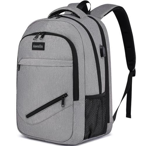 Asenlin Travel Laptop Backpack for Women & Men,Water Resistant Business Slim Sturdy Laptops Backpack with USB Charging Port,Fits 17.3 Inch Notebook College School Computer Bag-Grey