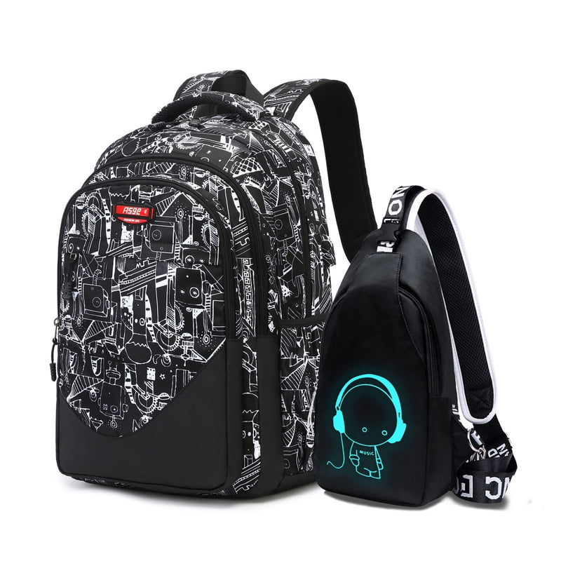 Asge Large Nylon Backpacks for Boys & Girls, Waterproof Satchel with Print, School Bags for 8 - 16 Years