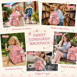 ASKSKY Girls Backpack for School, Cute Corduroy School Backpack for Girls, Kawaii Ita Bookbag, Lightweight Kids Backpacks for Elementary Middle School Teen Girl Travel Daypack, Pink Strawberry