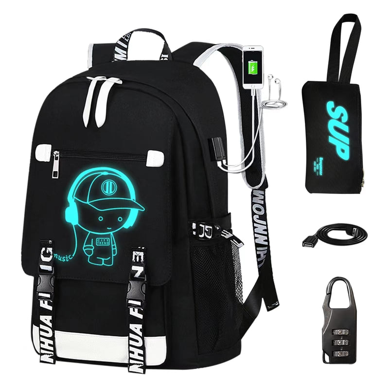 ASXMA Luminous Pattern Travel Laptop Backpack - Adjustable Shoulder Strap Waterproof Black Backpack With Usb Charging Port & Headphone Port School Backpack Includes Pencil Bag,combination Lock