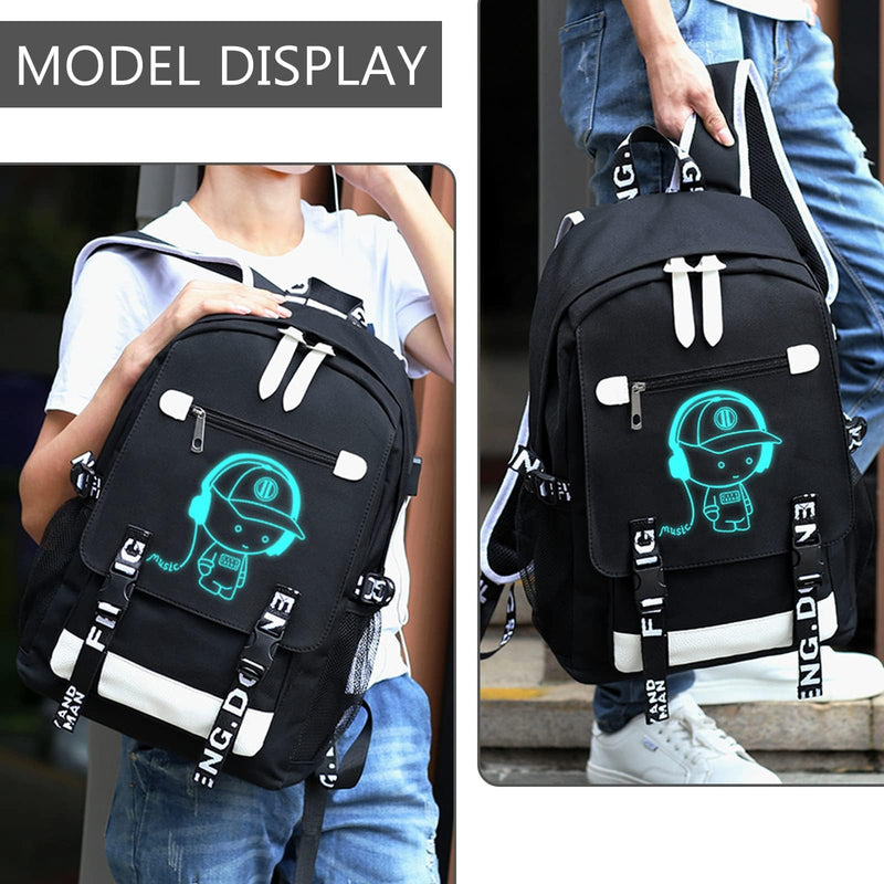 ASXMA Luminous Pattern Travel Laptop Backpack - Adjustable Shoulder Strap Waterproof Black Backpack With Usb Charging Port & Headphone Port School Backpack Includes Pencil Bag,combination Lock