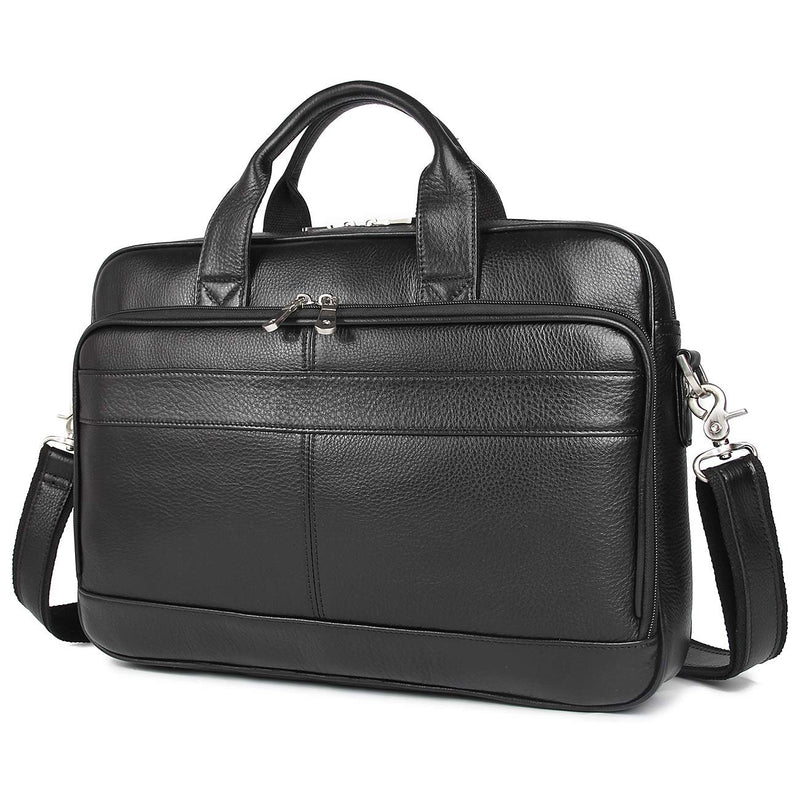 Augus Genuine Leather Messenger Bag for Men Vintage Travel Backpack 14 inch laptop Briefcase Shoulder Bags Black With YKK Metal Zipper