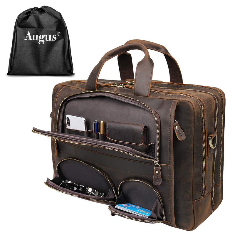 Augus Leather Briefcase Business Travel Duffel Bags for Men Laptop Bag fits 17 inches Laptop YKK Metal Zipper