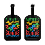 Autistic Today Genius Tomorrow Luggage Tags for Suitcases PU Leahter Luggage Tag with Privacy Protection Bag Tags Cute Women Men Travel Bag Luggage Accessories