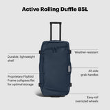 Away Active Rolling Duffle 85L - Large Travel Duffle Bag with Wheels, Durable Checked Luggage Suitcase for Men & Women, Foldable Weekender Bag, Navy Blue