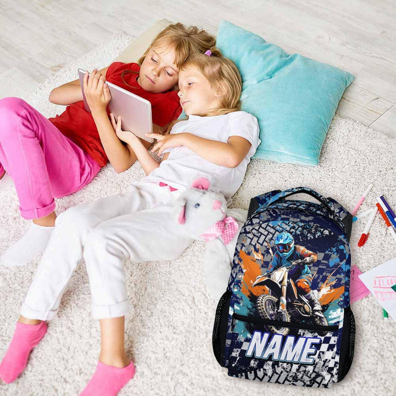 Backpack for Boys, Cool Dirt Bike Schoolbag, Personalized Cars Backpacks for Preschool Elementary Toddler, 17" Blue Large Capacity Bookbag for Vacation Travel School, Back to School Supplies