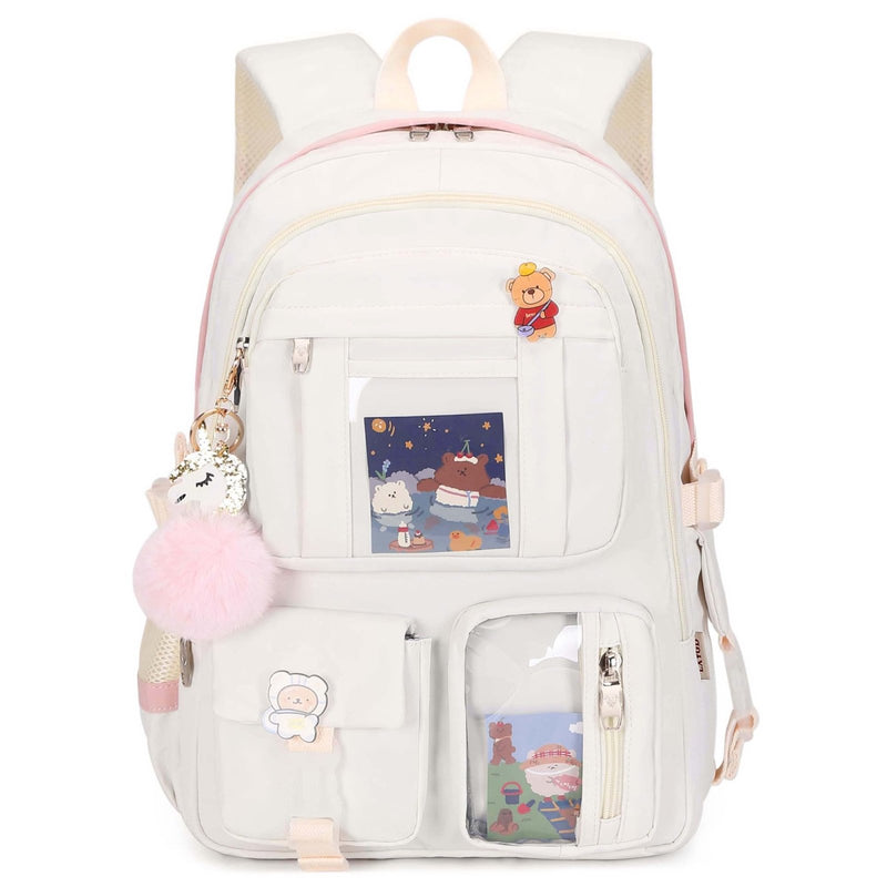 Backpack for Girls with Accessories Laptop Bookbags 16 Inch Kawaii Kids Elementary Middle High School Bag College Travel Daypack Gifts for Teens Women Students (Off - white)