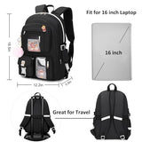 Backpack for Girls with Accessories Laptop Bookbags 16 Inch Kawaii Kids Elementary Middle High School Bag College Travel Daypack Gifts for Teens Women Students (Black)