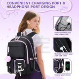 Backpack for Girls Women College Laptop Backpacks Girl Cute School Bag Set with Lunch Box Kids Bookbag with USB Charging Port College Middle High School Backpack for Teen Girls Travel Daypack (Black)
